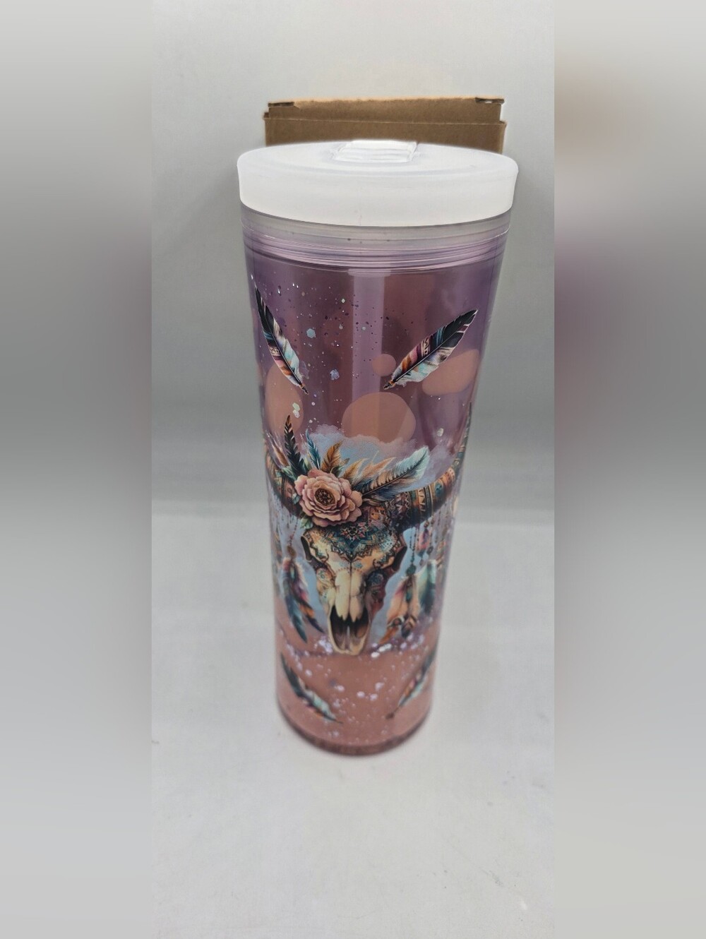 Western Bull Skull Tumbler in Lavender and Peach. Snow Globe Double Wall.